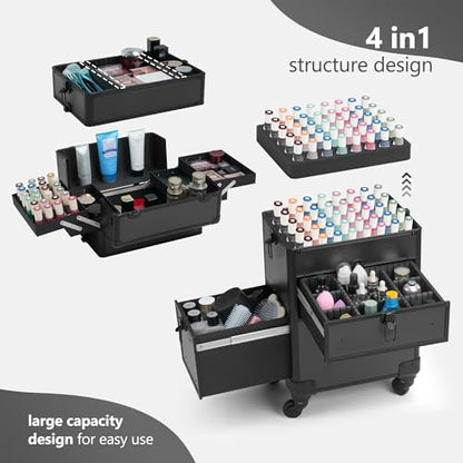 Somduy 4 in 1 Rolling Makeup Case on Wheels with Drawer and Professional Cosmetic Organizers for Salon Barber - Bright Black - color: Bright Black