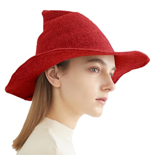 Halloween Witch Hat for Women Wide Brim Foldable Wizard Hat Wool Knit Pointed Cap Cosplay Costume Accessory - color: Red