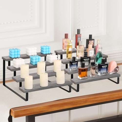 YINMIT Wooden Display Riser Stand, Tiered Perfume and Cologne Organizer Stand, 4 Tier Spice Rack Organizer, Rustic Display Shelf for Candles (4 Tier,2Pack,Grey) - color: 4 Tier,2Pack,Grey