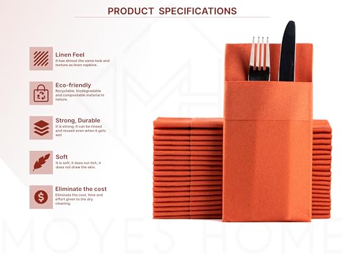 Moyes Home Terracotta Disposable Dinner Napkins with Pocket - Linen-Feel Pre-Folded Cloth-Like Paper Napkins for Silverware, Weddings, Dinner Parties, 16x16 in, Pack of 50 - color: Terracotta