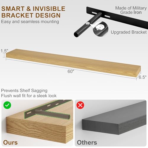 Fun Memories 60 Inch Fireplace Mantel - Long Floating Shelf, Wall Mounted Farmhouse Display with Invisible Heavy Duty Metal Bracket, Oak, 2 Pack - color: Oak, size: 60"W x 6.5"D