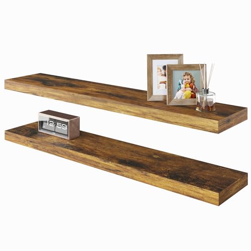 BAMEOS Floating Shelves, 31W x 7D Rustic Brown Wall Mounted Wooden Shelves with Invisible Brackets Set of 2, Hanging Wall Shelves Decoration for Bedroom, Bathroom, Living Room and Kitchen - color: Rustic Brown, size: 31x7 2Pcs