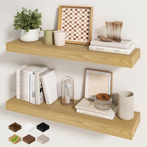 Fun Memories 30Inch Floating Shelves for Wall, 2 Pack Rustic Wood Shelves for Bathroom|Kitchen Wall Mounted Floating Shelf with Invisible Brackets for Books|Storage|Decor,Oak - color: Oak, size: 30"W x 6.5"D