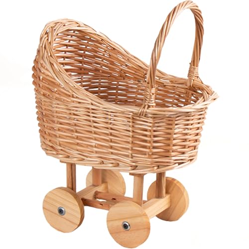 Woven Rattan Stroller Shaped Flower Basket, Vintage Wicker Baby Carriage Planter for Floral Arrangements, Baby Shower Wedding Party Decor Centerpieces for Tables, Floral Rustic Home Decor (Small) - color: Small