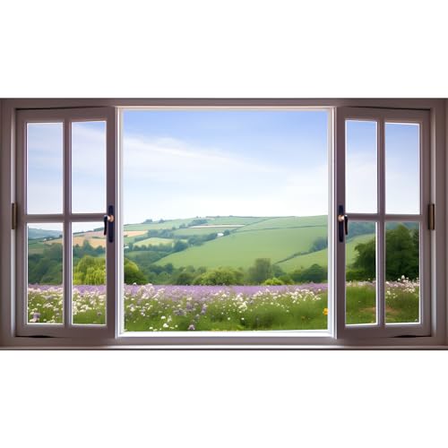 Window Scenery Photography Backdrop Open Window with View of Meadows and Fields Background Plants Flowers Background Party Banner Wall Decor Baby Kids Family Photo Shoot Props 5x3ft - color: Green_purple, size: 5x3ft
