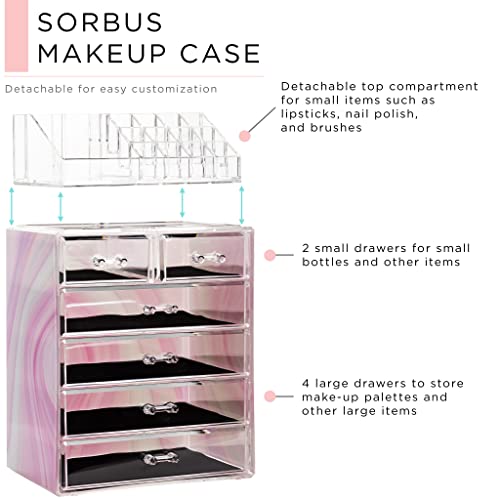 Sorbus Acrylic Makeup Organizer Set, 6-Drawer Vanity & Countertop Cosmetic Storage with Small & Wide Compartments, Tie Dye Makeup Storage for Brushes, Jewelry – Holiday Gift for Women & Teens - color: Tie Dye, size: 4 Large, 2 Small Drawers