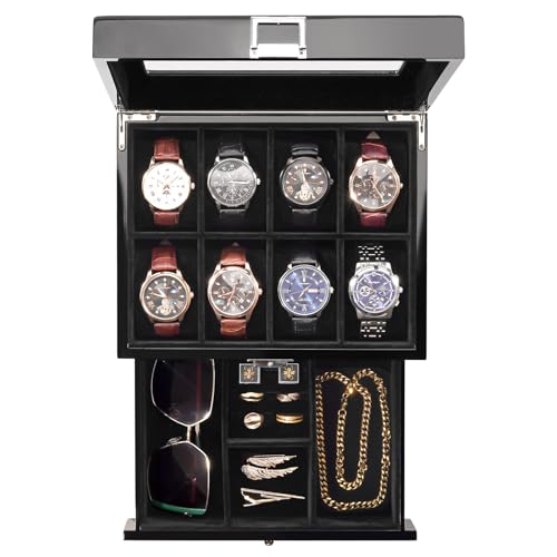 ProCase Wooden Watch Case, 8 Slot Mens Watch Box with Drawer, 2-Layer Mens Jewelry Box Storage Holder Organizer Display Case, Valentine Anniversary Birthday Gifts for Men Women -8 Slot, Piano Black - color: Piano Black (Piano-Gloss Finish), size: 8-Slot