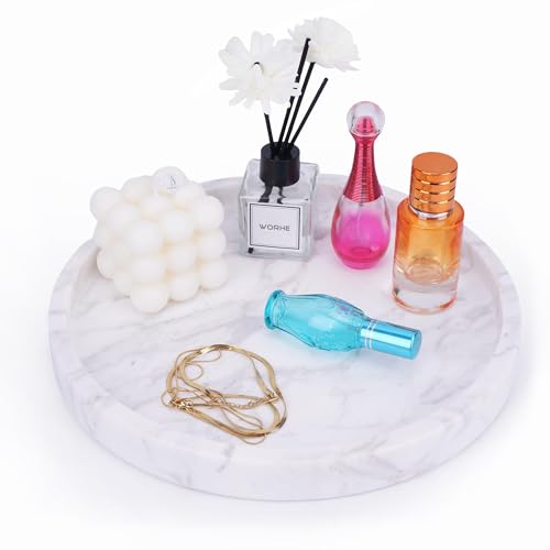Natural Marble Decorative Tray for Bathroom Bedroom Kitchen Dresser, Large 10.6" Round Vanity Trays for Jewelry, Perfume, Cosmetic, Candle, Countertop Storage Organizer for Home Decor (WH037) - color: Natural White, size: 10.6"