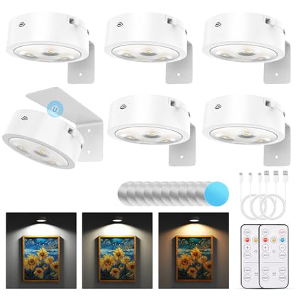 Narotood 6 Pack Picture Lights for Wall, Rechargeable Battery Operated Wall Lights, Picture Frame Lights with 3 Lighting Modes, Wireless Magnetic Painting Light with Remote Control Timer, (White) - color: White, size: 6 Pack