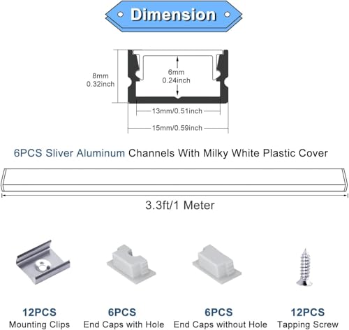 VST 20 Pack 3.3 ft LED Aluminum Channel with Milky White Cover U Shape 15x8mm, LED Strip Light Track with End Caps and Mounting Clips Accessories, Aluminum Profile for LED Strip Lights - color: Silver & Milky, size: 3.3ft 20