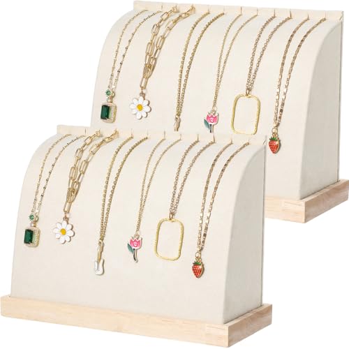 2 Pieces Cambered Wooden Necklace Display Stand with Soft Mat Necklace Holder Jewelry Display Beige Velvet Jewelry Organizer for Countertop Boutique Home