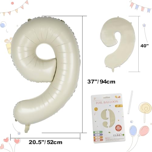CARGEN 40 Inch Creamy White Number 9 Balloon, Large Beige Foil Mylar Digital 0-9 for Birthday Decorations, Boho Neutral Party Supplies, Wedding Anniversary Photo Props, Helium or Air Fill - style: Number 9