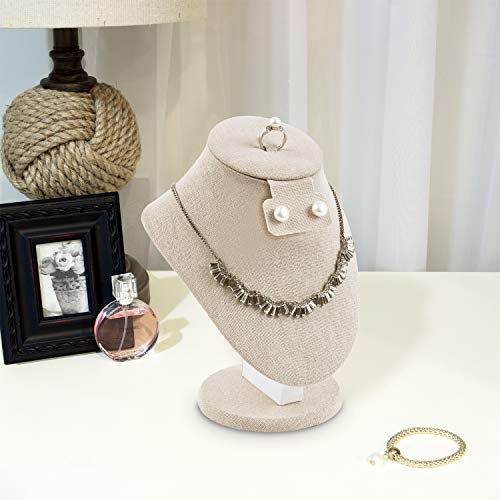 MOOCA 3 Pcs Set Tan Linen Combination Display Jewelry Stand Bust for Necklaces, Earrings, Rings, Jewelry Display For Vendors - color: Tan Linen, 3 pieces