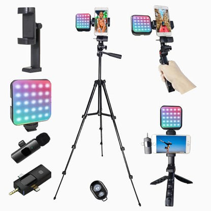 Vlogging Kit for iPhone, Vlogging Kit for Andriod Phone, Content Creator Essentials w/RotatableHolder/Lavalier Mic/RGB Light/Remote/Extendable Tripod (50IN Tripod) - size: 50IN Extenable Tripod
