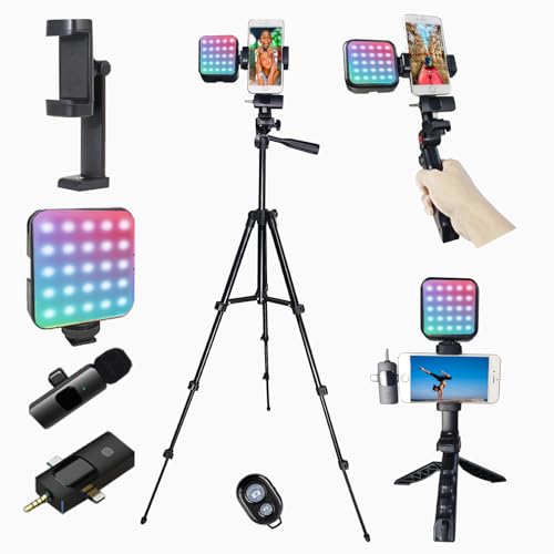 Vlogging Kit for iPhone, Vlogging Kit for Andriod Phone, Content Creator Essentials w/RotatableHolder/Lavalier Mic/RGB Light/Remote/Extendable Tripod (50IN Tripod) - size: 50IN Extenable Tripod