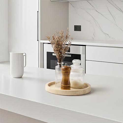 Natural Marble Vanity Tray for Bathroom Kitchen Dresser, Travertine Stone Decorative Trays for Jewelry, Perfume, Cosmetic, Candle, Round Countertop Storage Organizer for Home Decor Beige (WH019) - color: Natural Beige, size: 9.4"