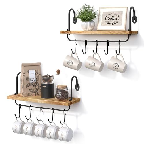 Olakee Floating Wall Shelves for Kitchen Bathroom Coffee Nook with 10 Adjustable Hooks for Coffee Mugs, Coffee Bar Organizer and Decor, Rustic Storage Shelves Set of 2 - color: Carbonized Black