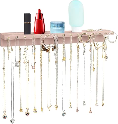 YYILIS Necklace Holder, Upgraded Extra Large Wall Necklace Organizer with 30 Hooks Wall Mounted Necklace Hanger with Jewelry Tray/Cosmetics Shelf Rustic Pine Wood Holder (Pink) - color: Pink