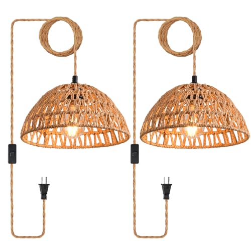 Plug in Pendant Light, Industrial Hanging Light with Plug in Cord Hemp Rope On/Off Switch Farmhouse Pendant Lamp with Plug in Cord, Vintage Hanging Lamps for Dining Room - color: Brown