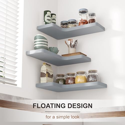fuqing Corner Floating Shelves, Wall Shelf Set of 3, Shelves for Wall Storage, Solid Wood Shelves for Storage, Wall Mount Wooden Display Shelf for Bathroom Bedroom Kitchen Garage, Dark Grey - color: Invisible Bracket, Dark Grey