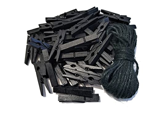 1.9 Inch Black Wooden Clothespins for Pictures Halloween Diy Art Crafts Clothesline Clips Laundry with Jute Twine Pack 50 - color: 50pcs (2 Inch) Black + Jute Twine