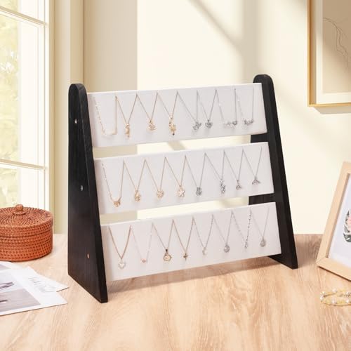 Necklace Holder 3 Tier Wood Necklace Organizer Stand with White Velvet, Necklace Display Stand for Selling, Chain Necklace Holder Rack for Show, 72 Necklaces Bracelets - style: Black Side Panels-White