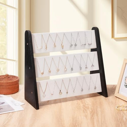 Necklace Holder 3 Tier Wood Necklace Organizer Stand with White Velvet, Necklace Display Stand for Selling, Chain Necklace Holder Rack for Show, 72 Necklaces Bracelets - style: Black Side Panels-White