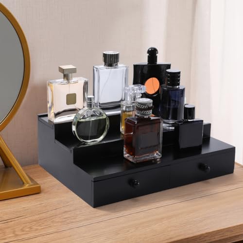 Boulphia Cologne Organizer for Men, 3-Tier Cologne Stand with Drawer and Hidden Compartment, Wooden Cologne Shelf for Perfume Display Holder, Great Gift for Men, Black - color: Black