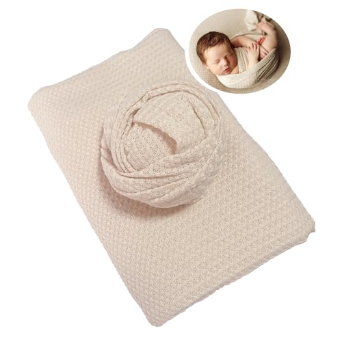 Honra Orraphtstu Newborn Photography Wraps Backdrops Sets Baby Photoshoot Props Studio Beanbag Posing Stretch Fabric Waffle Knit for Boys Girls (Beige, Wrap with Backdrop) - color: Beige, size: Wrap with Backdrop
