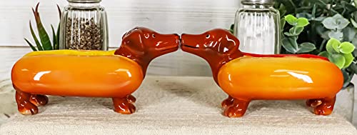 Ebros Kissing Hot Dog Sausage Wiener Dachshunds Couple In Ketchup And Mustard Salt Pepper Shakers Ceramic Magnetic Figurine Set 4.75"L