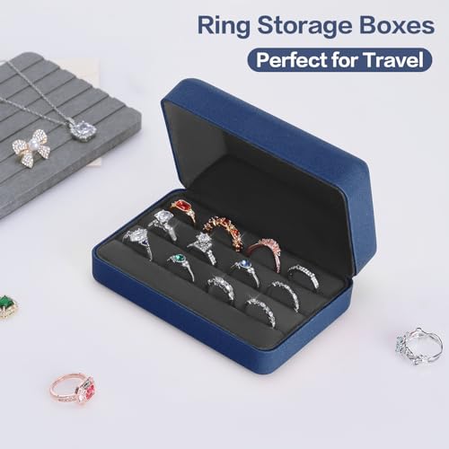 KUKUVR Velet Ring Storage Box - Multiple Rings, Travel Jewelry Case, 3 Slot Portable Ring Display Organizer (Blue) - color: Blue