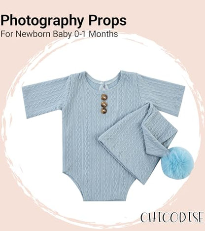 Newborn Photography Props, Infant Photoshoot Outfit Romper & Pom Pom Hat for Baby Boys Girls - color: Light Blue