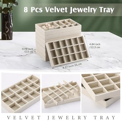 Highergo 8 Pcs Velvet Jewelry Trays Stackable Drawers Organizer Ring Earring Bracelet Necklace Storage Trays, 8.3x4.7x1''(18 Grids) - style: 18 Grids