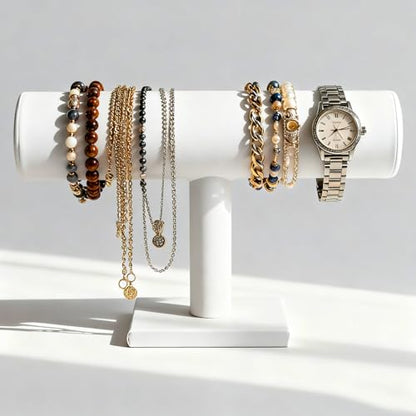TENINYU Hovering T-Bar Bracelet Necklace Earring Bangle Pendants Anklet Tower Watch Key Jewelry Display Stand for Home Organization (White Leatherette) - color: White Leatherette
