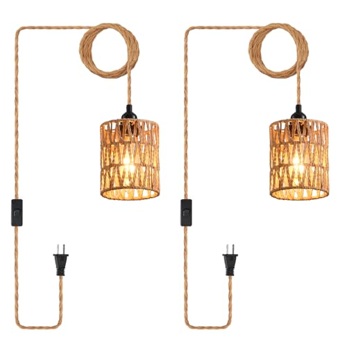 Plug in Pendant Light, Industrial Hanging Light with Plug in Cord Hemp Rope On/Off Switch Farmhouse Pendant Lamp with Plug in Cord, Vintage Hanging Lamps for Dining Room - color: Straight