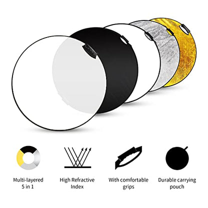Selens Portable 5-in-1 24 Inch (60cm) Handle Round Reflector Collapsible Multi Disc with Carrying Case for Photography Photo Studio Lighting & Outdoor Lighting, Photography Multi-Disc Photo Reflector - size: 24 Inch