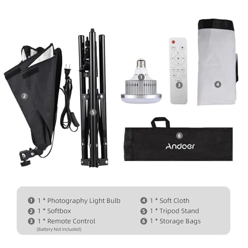 Andoer Softbox Photography Lighting Kit 16'' x 16'',85W Studio Lights for Photography and Live with 3000K-7500K Bi-Color LED Light, 40x40cm Soft Box,1.7m Light Stand,Remote Control,and Carry Bag