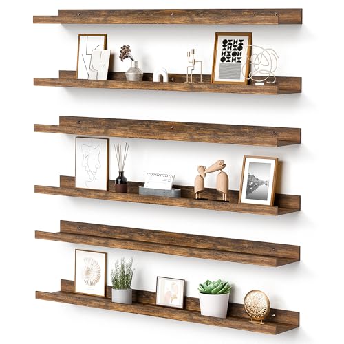 upsimples Floating Shelves for Wall, 35.5 Inch Shelves for Decor Storage Set of 6, Wall Mounted Wood Shelf for Bedroom, Living Room, Bathroom, Kitchen, Long Picture Ledge Shelves, Brown - color: Brown, size: 35.5in