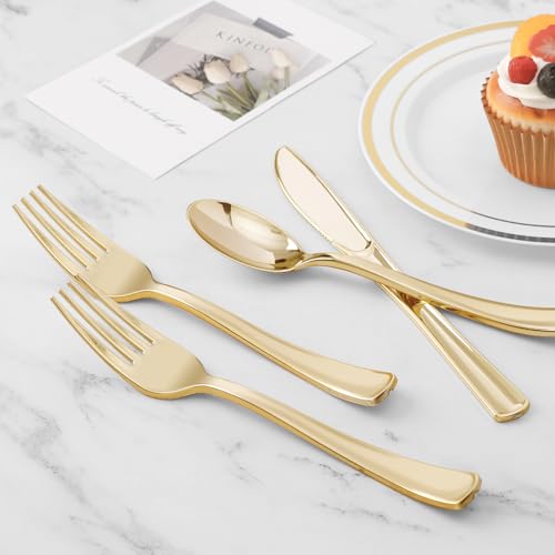 BESTVIP 100 Pack Pre Rolled Gold Plastic Silverware Set, Disposable Wrapped Cutlery Set with 100 Napkins, 100 Knives, 100 Forks and 100 Spoons for Party, Birthday - color: Gold