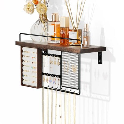 Lolalet Wall Mounted Hanging Jewelry Organizer with Wood Shelf, Wall Jewelry Holder with Hooks for Ring Earring Bracelets Necklaces Display -Brown