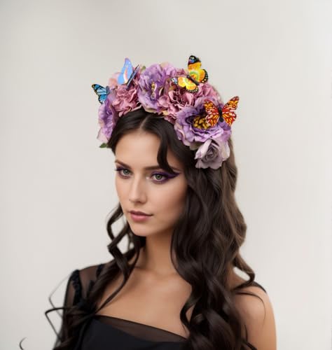 Elegant Butterfly Flower Headband for Women Boho Handmade Rose Floral Crown Wedding Bridal Festivals Cosplay Prom Photo Props Headpiece (B4 purple, Adjustable) - color: B4 purple