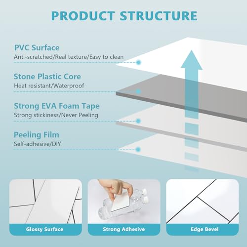 Vamos Tile 100-Piece Glossy Pure White Peel and Stick Backsplash Tile,3''x6'' PVC Subway Tile with Dark Gray Grout,Stick on Backsplash for Kitchen/Bathroom/Fireplace - color: Pure White