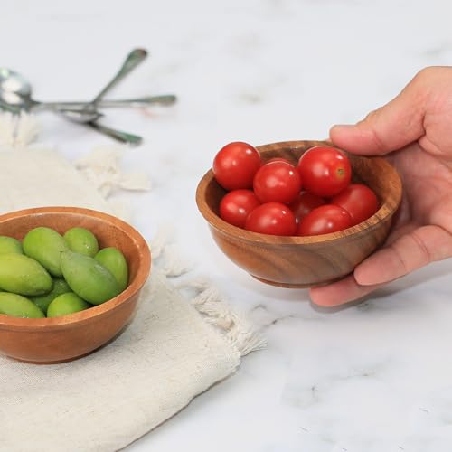 Acacia Wooden Bowls, 4 Inch Handcrafted Wood Serving Bowls Set of 2 for Sauce/Dips/Condiments, Mini Farmhouse Side Dishes with Natural Textured for Charcuterie Board/Appetizers - size: D 4.2'' x H 1.6''