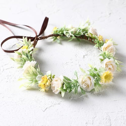 Girls Rose Flower Crown - White Boho Flower Headband Bridal Wreath Popular Floral Headpiece for Women Wedding, Baby Shower, Family Photos and Fancy Gala - color: Yellow White
