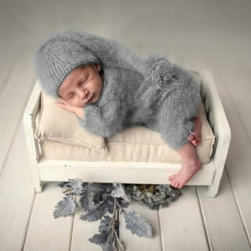 Newborn Baby Photography Props Outfits Cute Mohair Hat Romper Set Infant Baby Boy Girl Photoshoot Props Costume Set ﻿ - color: Grey