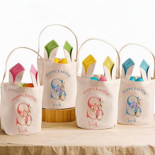 VEELU Personalized Easter Bunny Basket Custom Name Rabbit Bag for Boys & Girls Customized Storage Bucket Egg Hunting Bags for Party Tote Decorative Birthday Party Gifts