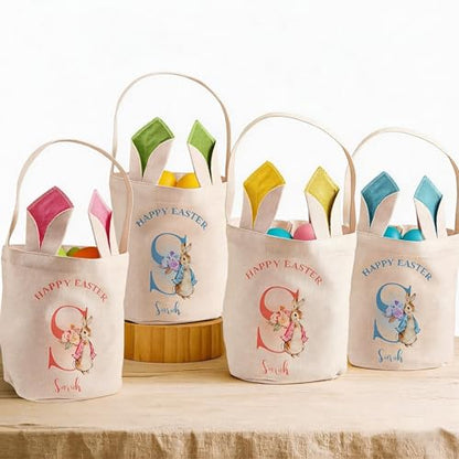 VEELU Personalized Easter Bunny Basket Custom Name Rabbit Bag for Boys & Girls Customized Storage Bucket Egg Hunting Bags for Party Tote Decorative Birthday Party Gifts