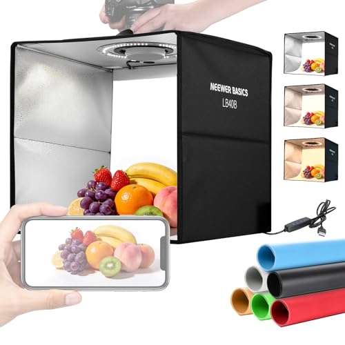 NEEWER Basics Photo Studio Light Box, 16"x16"x15" Bi Color Folding Photo Booth Shooting Tent with 6 Color Backdrops, 120 LEDs CRI95+ Dimmable for Tabletop Jewelry Electronics Food Photography, LB40B - size: 16"x16"x15"