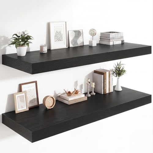 Heimlove 12 Inch Deep Floating Shelves, 48 x 12 inches Long Wall Shelf, Large Display Shelf & Storage Shelf, Rustic Wood Wall Shelves for Fireplace Mantel, Set of 2(Black) - color: Black, size: 48"W x 12"D x 2"H, Set of 2