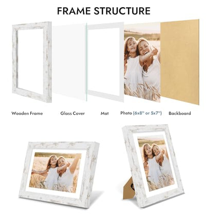 Hongkee 6x8 Picture Frame with Glass, Display Pictures 5x7 with Mat or 6 x 8 without Mat - Wall and Tabletop, 6 by 8 Photo Wooden Frames (Distressed White, 1 Pack) - color: Distressed White, size: 6X8 in